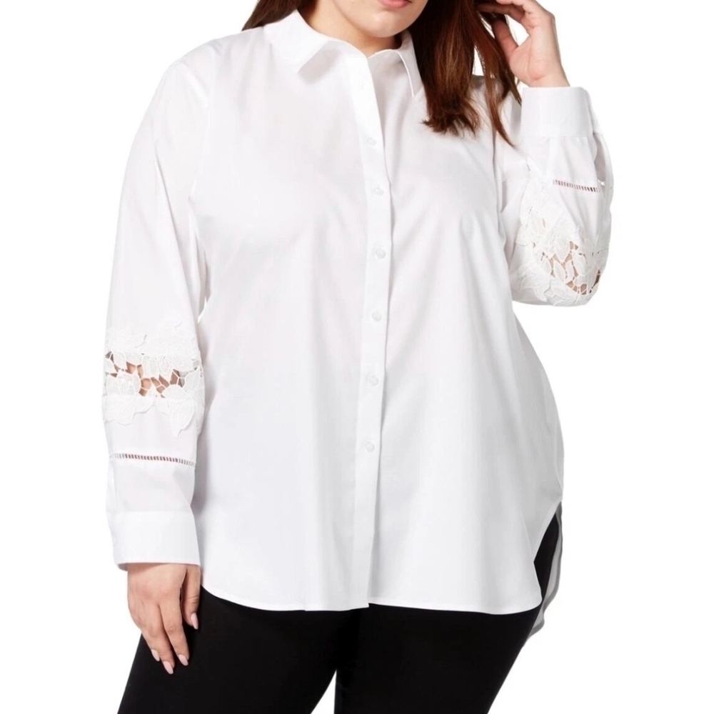 Calvin Klein | White Long Sleeve Button Down Lace Trim Sleeves Size Medium